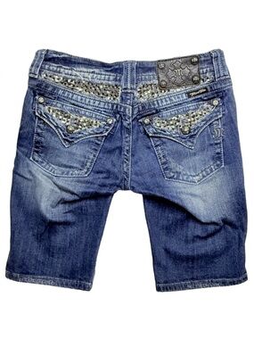 Miss Me Bling Pocket Capri Shorts Rhinestone Sequin Flap Medium Wash Size 26